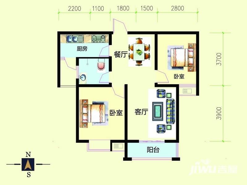 湖畔景苑2室2厅1卫87㎡户型图