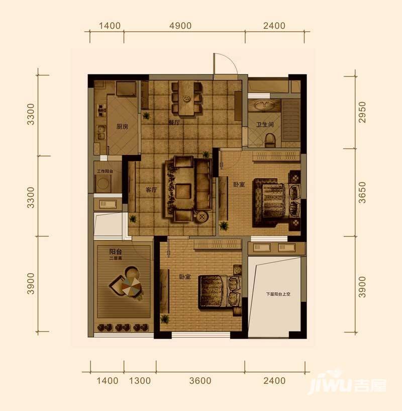 港汇广场2室2厅1卫88㎡户型图