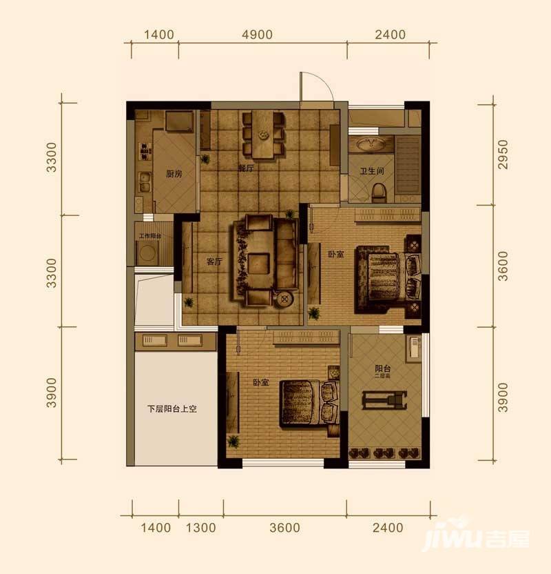 港汇广场2室2厅1卫88㎡户型图