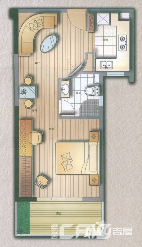 新都会国贸公寓1室2厅1卫55.4㎡户型图