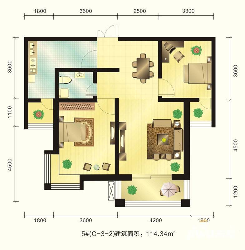 新元绿洲三期2室2厅1卫114.3㎡户型图