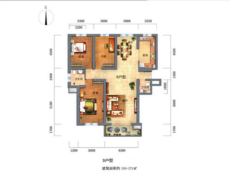 景园盛世华都3室2厅2卫155㎡户型图