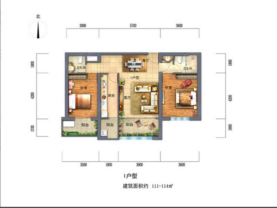 景园盛世华都2室2厅2卫114㎡户型图