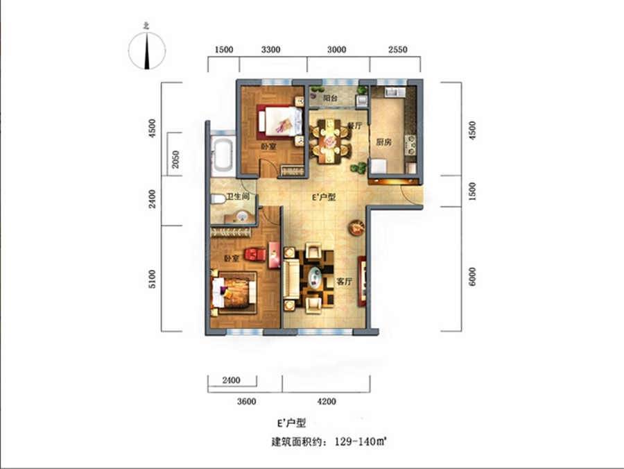 景园盛世华都2室2厅1卫140㎡户型图