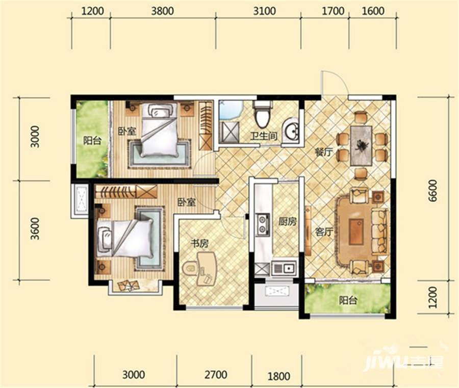 元森北新时代3室2厅1卫103.1㎡户型图