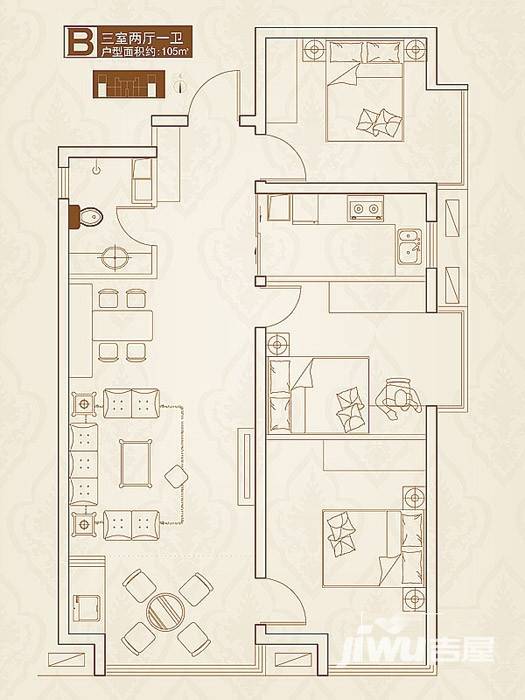 永邦天匯戶型圖 b戶型三室兩廳一衛 105㎡