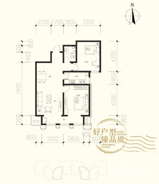 荣鼎天下2室2厅1卫96.1㎡户型图