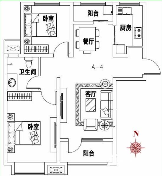 安联檀悦府2室2厅1卫78㎡户型图