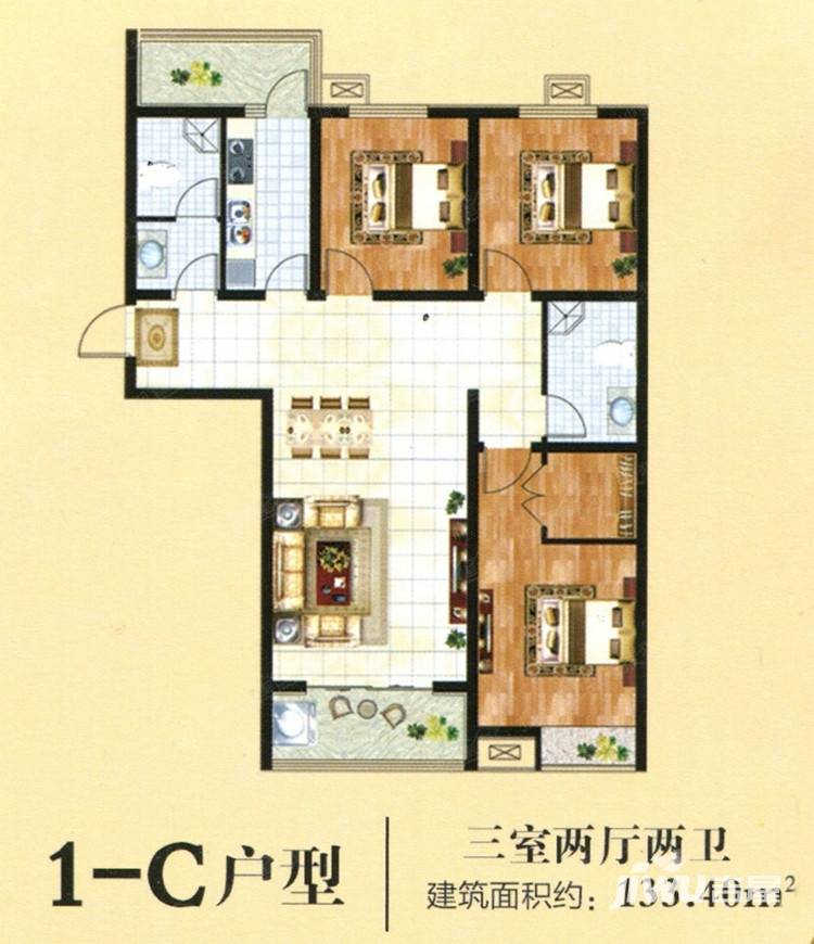 阿尔卡迪亚荣盛城3室2厅2卫133.4㎡户型图