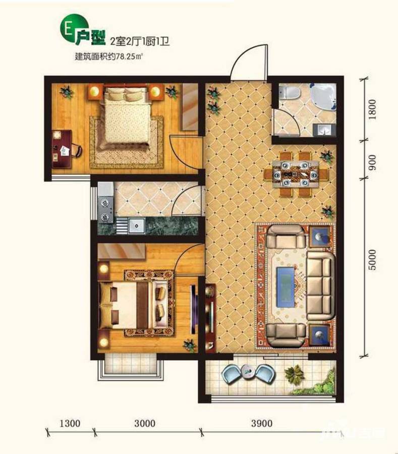 馨悦小镇2室2厅1卫78.3㎡户型图