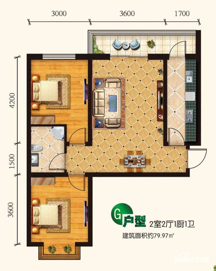 馨悦小镇2室2厅1卫80㎡户型图