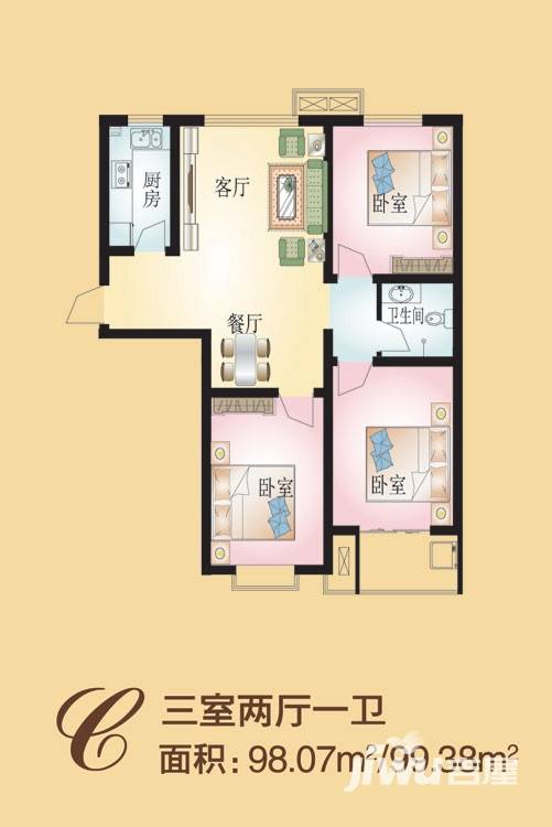 新谊家园3室2厅1卫98.1㎡户型图