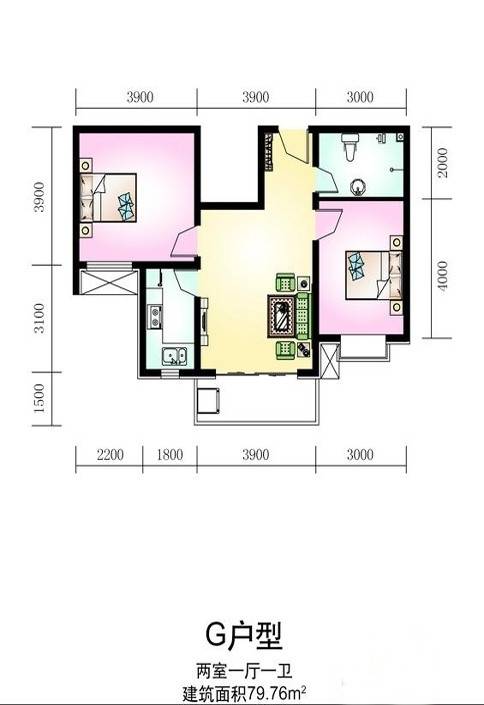 新谊家园2室1厅1卫79.8㎡户型图
