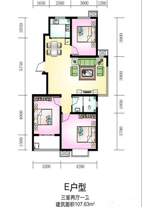 新谊家园3室2厅1卫107.6㎡户型图