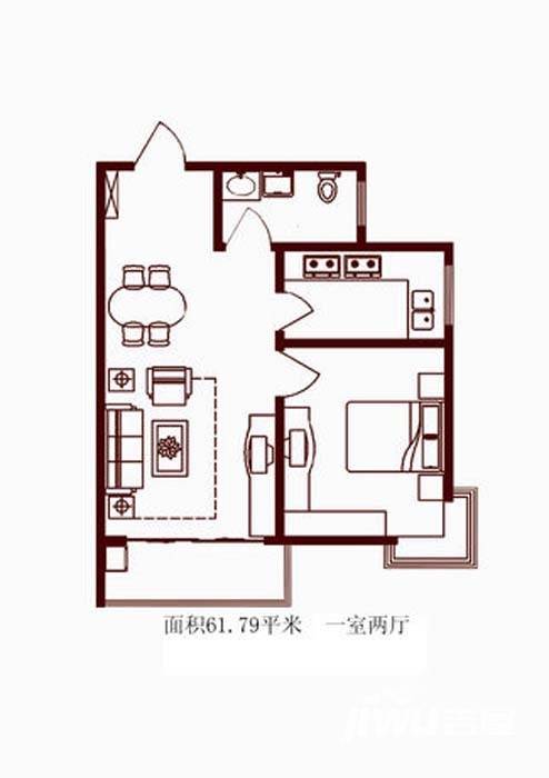 嘉冠尚城1室2厅1卫61.8㎡户型图