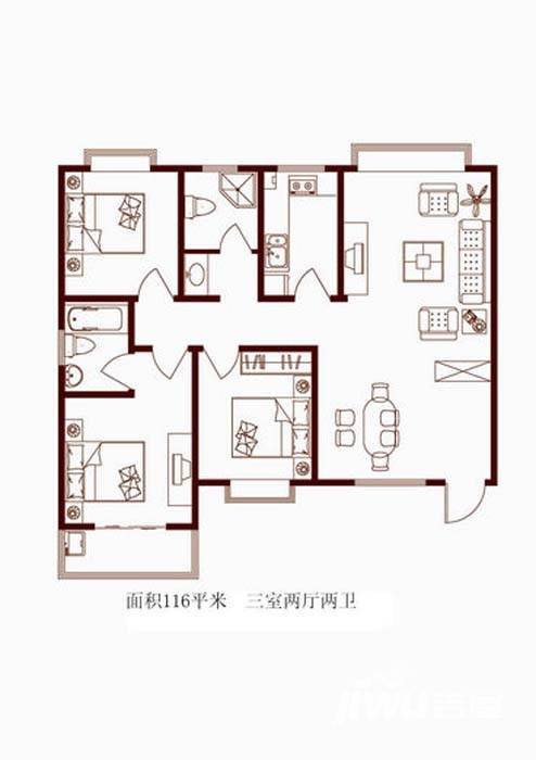 嘉冠尚城3室2厅2卫116㎡户型图