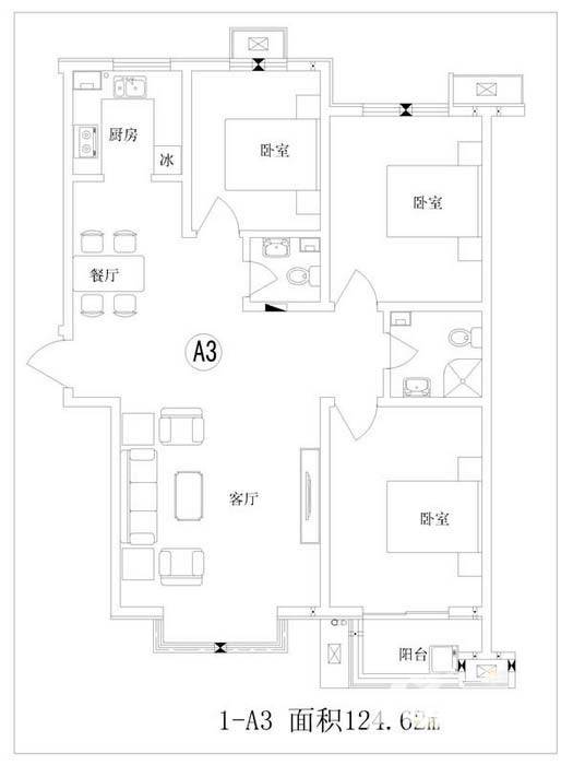 富源城国礼3室2厅2卫124.6㎡户型图