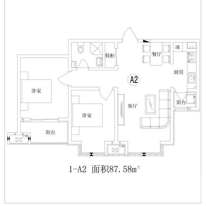 富源城国礼2室2厅1卫87.6㎡户型图