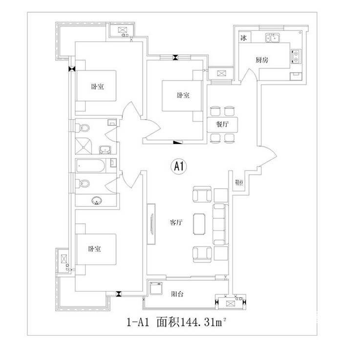 富源城国礼3室2厅2卫144.3㎡户型图