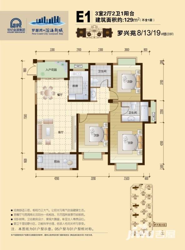 罗源湾滨海新城3室2厅2卫129㎡户型图