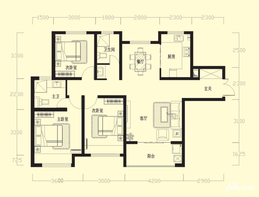 兰田首府3室2厅2卫120㎡户型图