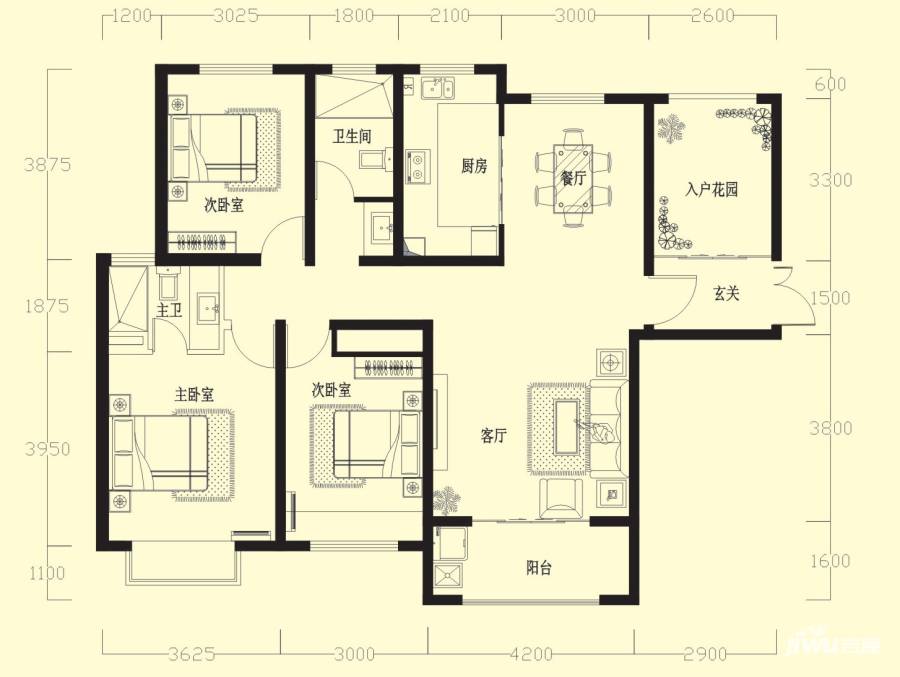 兰田首府3室2厅2卫136㎡户型图