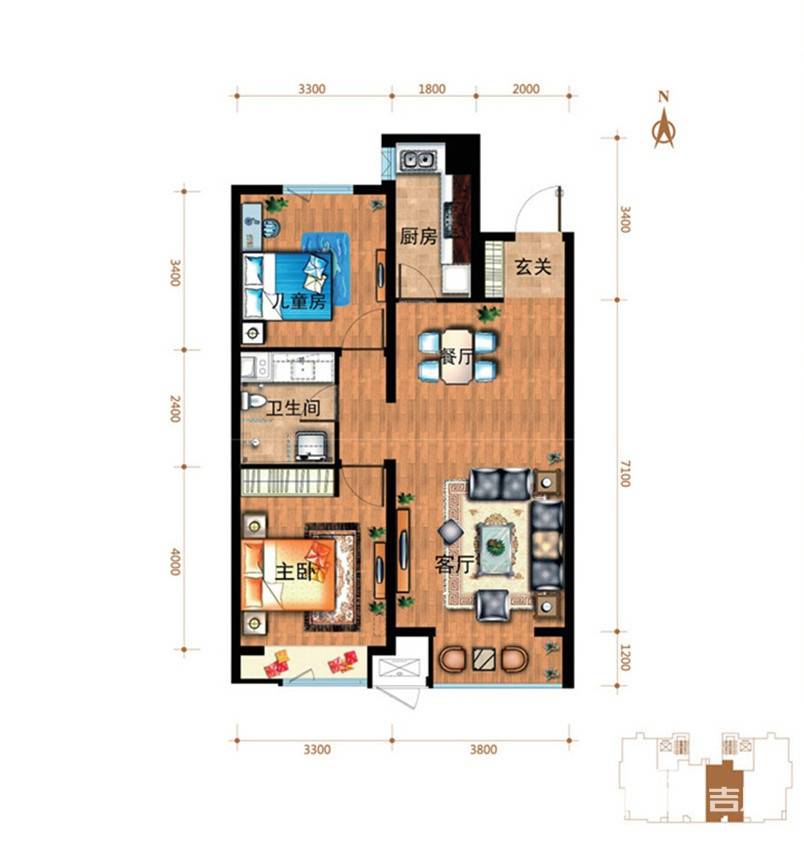 万科金域国际2室2厅1卫90㎡户型图