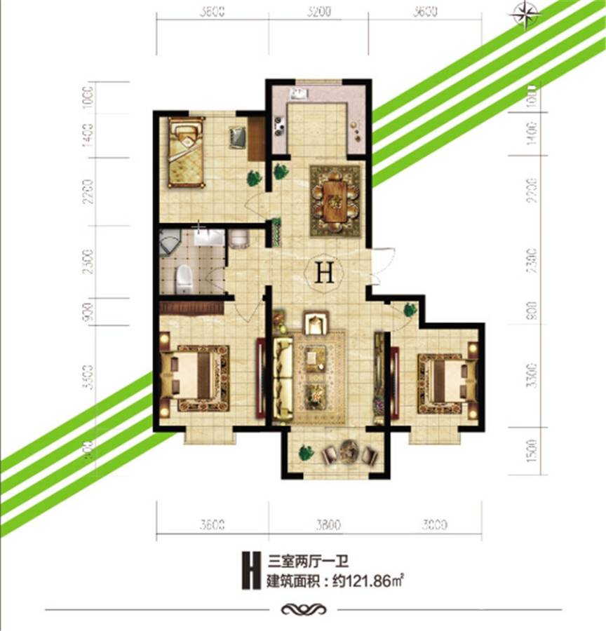 鼎泰悦郡3室2厅1卫121㎡户型图