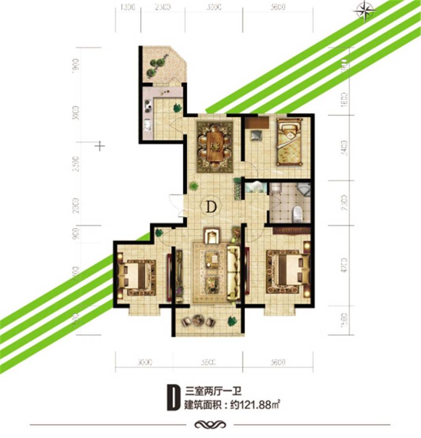 鼎泰悦郡3室2厅1卫121㎡户型图