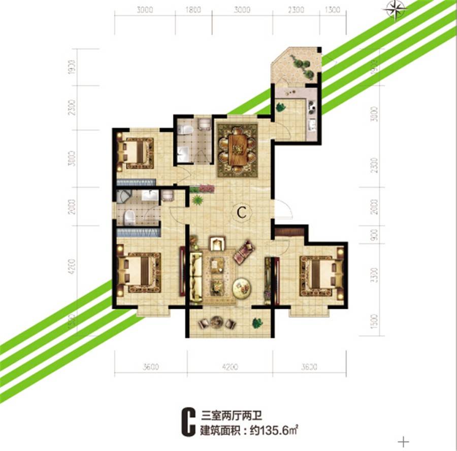 鼎泰悦郡3室2厅2卫135㎡户型图