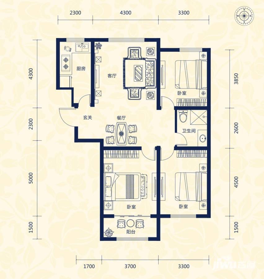 阳光揽胜朗香3室2厅1卫131㎡户型图