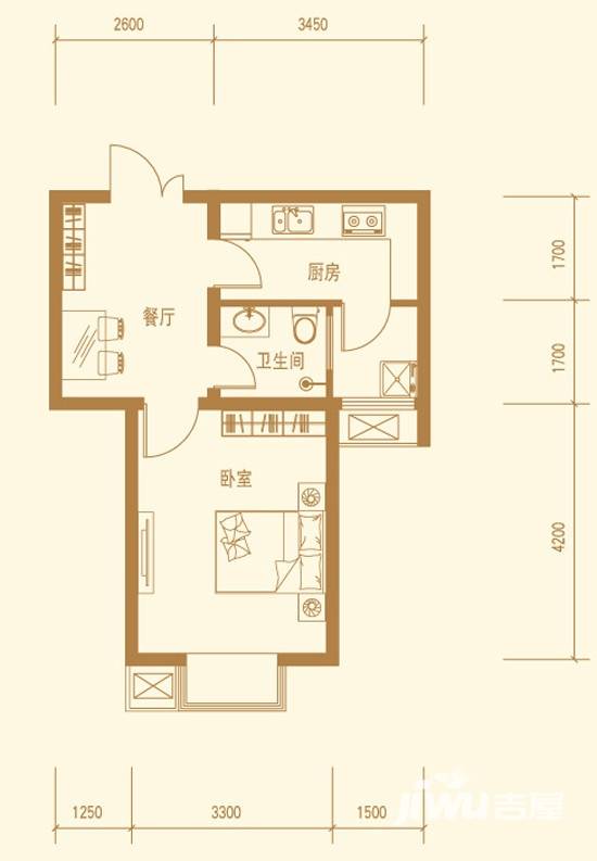 首开·国风上观1室1厅1卫43.3㎡户型图