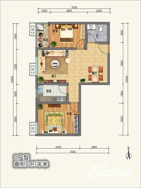 美庐雅苑2室1厅1卫77.1㎡户型图