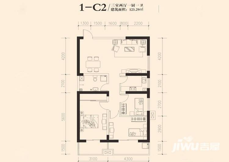 东岸阳光3室2厅1卫123㎡户型图