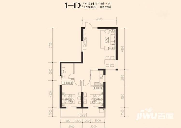 东岸阳光2室2厅1卫107㎡户型图