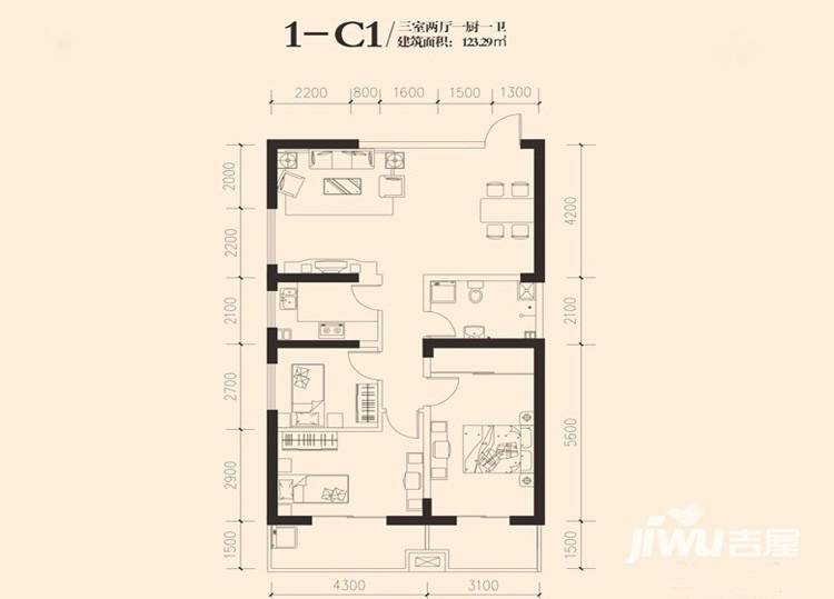 东岸阳光3室2厅1卫123㎡户型图