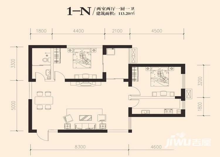 东岸阳光2室2厅1卫113㎡户型图