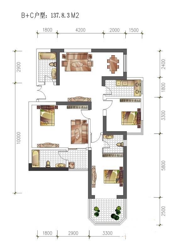 宏信国际花园3室2厅3卫137.8㎡户型图