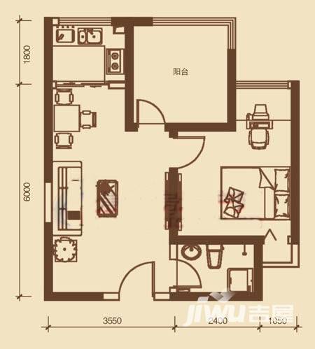 江林公园里1室1厅1卫59.4㎡户型图