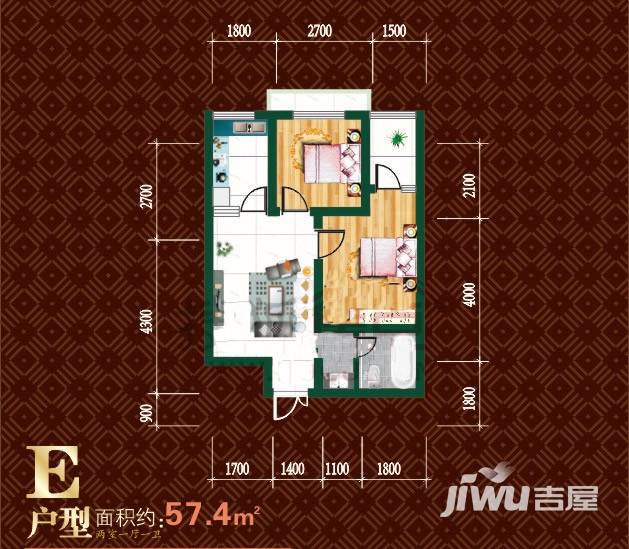 江林公园里2室2厅1卫57.4㎡户型图