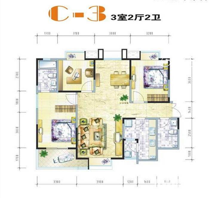 浐灞半岛太华金堤3室2厅2卫110㎡户型图