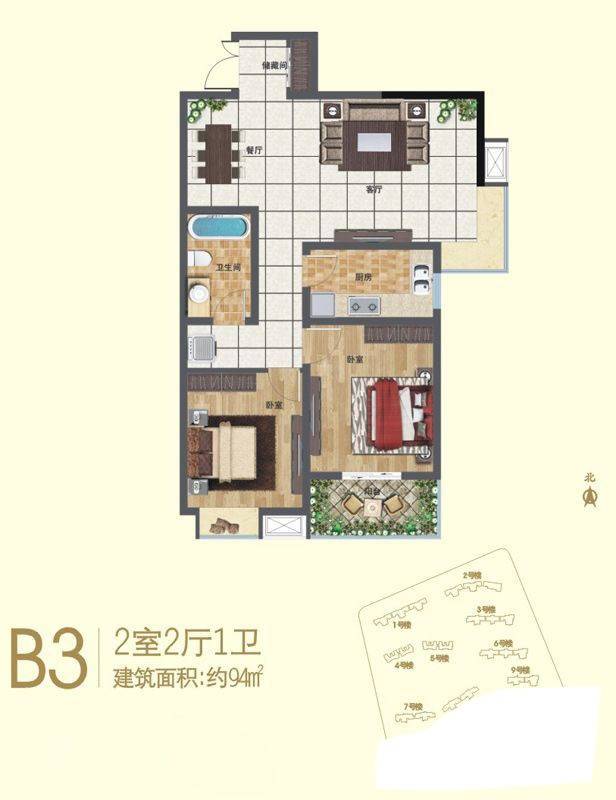 广厦水岸东方一期普通住宅94㎡户型图