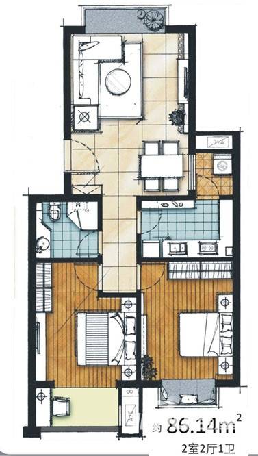大唐新干线2室2厅1卫86.1㎡户型图