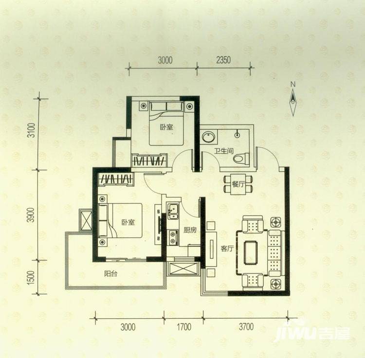 华洲城领誉2室2厅1卫74㎡户型图