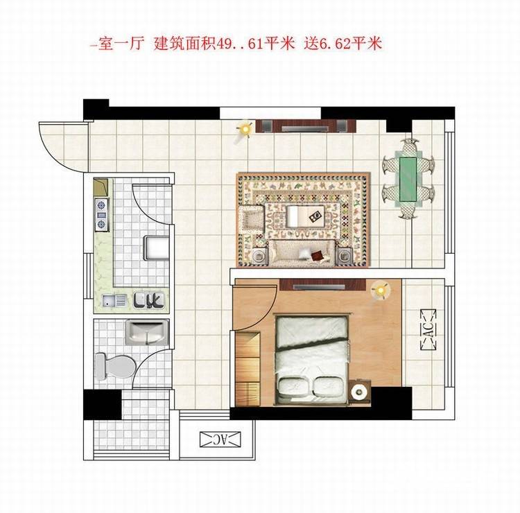 锦源·汉序1室1厅1卫49.6㎡户型图