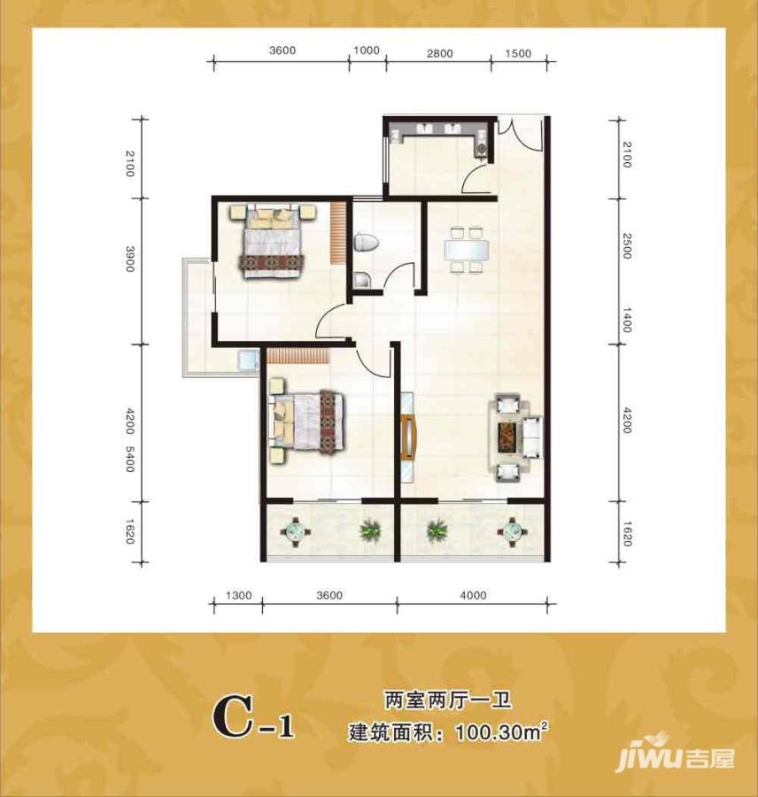 泾泰新居2室2厅1卫100.3㎡户型图