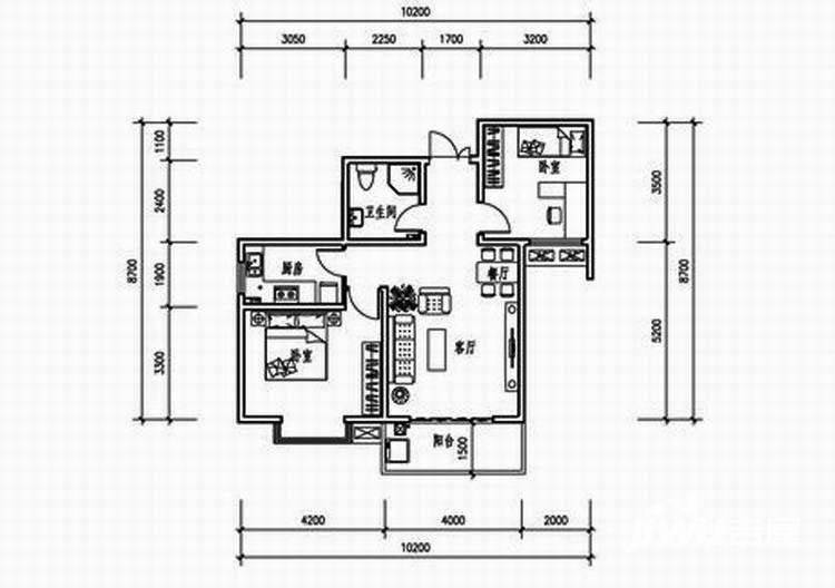 西城馨苑2室2厅1卫88.7㎡户型图