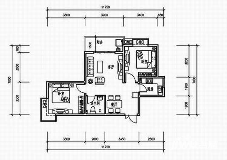 西城馨苑2室2厅1卫81.4㎡户型图