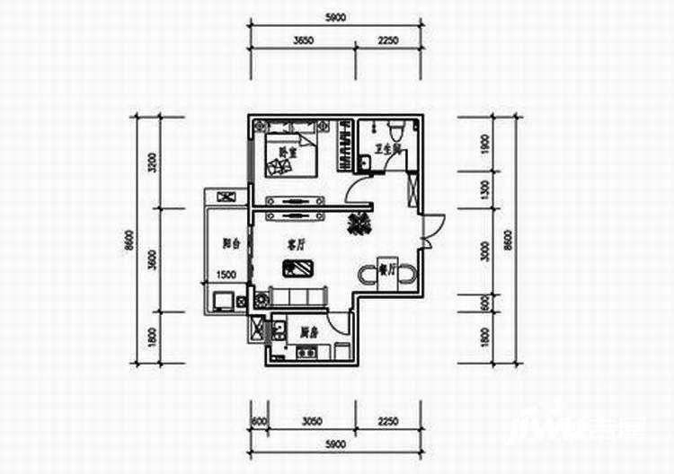 西城馨苑1室2厅1卫63.8㎡户型图