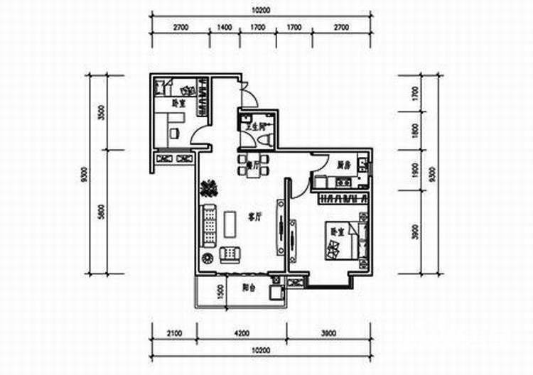 西城馨苑2室2厅1卫90.1㎡户型图